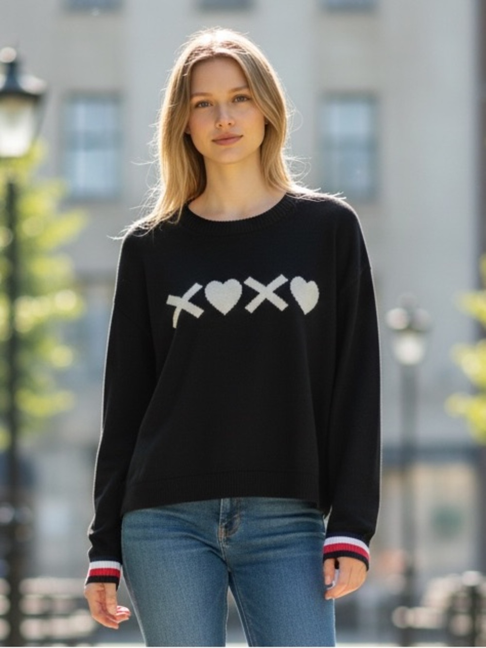 Tommy Hilfiger Black Knit Sweater with White Heart & X Graphic